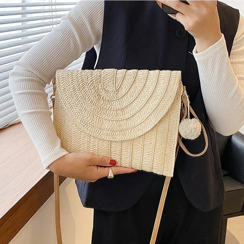 Handmade Straw Beach Bag – Small Woven Summer Shoulder Crossbody Clutch with Hair Ball