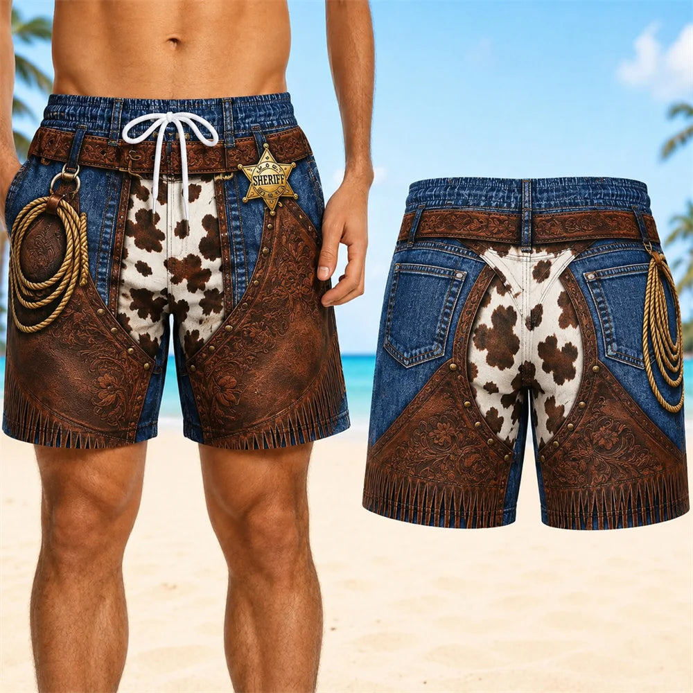 Retro 3D Cowboy Beach Shorts - Men's Quick-Dry Breathable Drawstring Board Shorts
