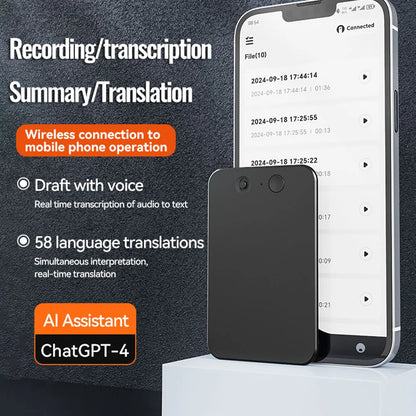 AI ChatGPT-4o Intelligent Voice Recorder — Noise Reduction Audio Dictaphone with 59 Languages Translation & Summarize, 8-128GB Storage