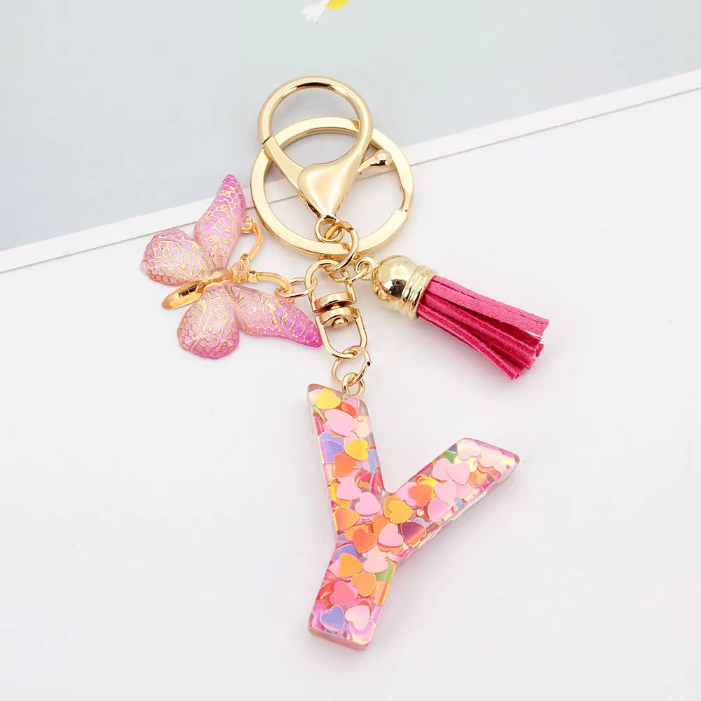 A-Z Letter Acrylic Keychain - Pink Butterfly Tassel Bag Charm & Key Ring