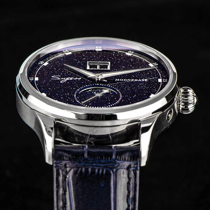 Sugess Moonphase Men’s Automatic Mechanical Watch — 40MM Stainless Steel with Seagull ST2528 Movement and Blue Sandstone Dial
