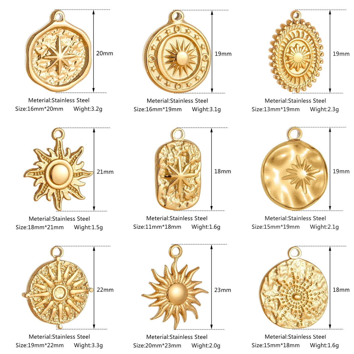 Stainless Steel Sunburst Sun Moon Star Charms Pendant – DIY Jewelry Making for Necklace, Bracelet & Earrings
