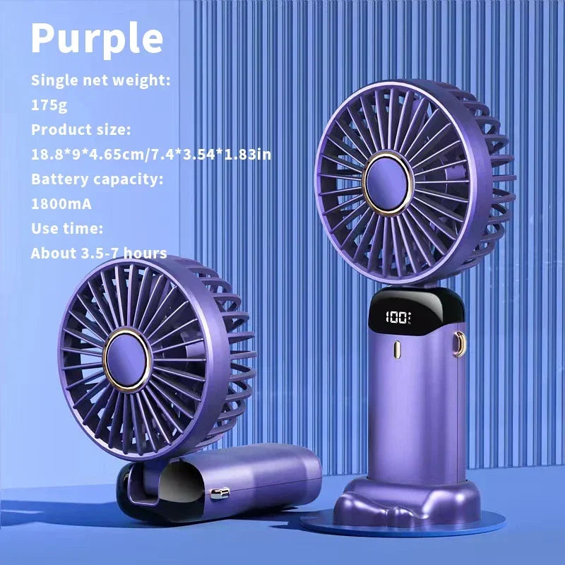 Handheld Mini Fan – 3000mAh Foldable Portable Desk & Neck Hanging Fan with 5 Speeds, USB Rechargeable & Phone Stand Display