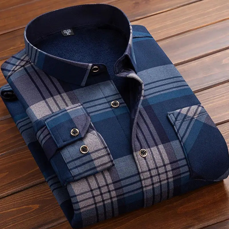 Men's Winter Plaid Flannel Shirt - Thick Fleece-Lined Long Sleeve Warm Casual Dress Shirt