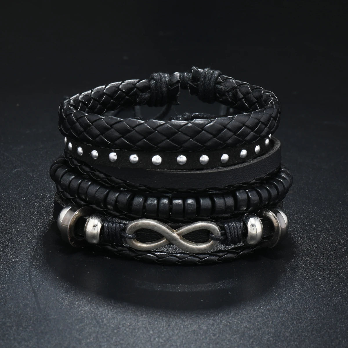 4Pcs Men's Braided Leather Bracelets Set – Vintage Life Tree & Rudder Charms, Wood Beads, Ethnic Tribal Wristbands