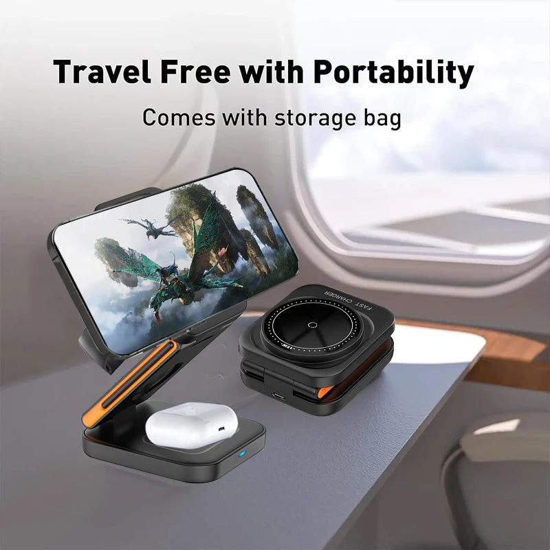 3-in-1 Foldable Magnetic Wireless Charging Station – Fast Charger Stand for iPhone 17–12, Apple Watch & AirPods Pro
