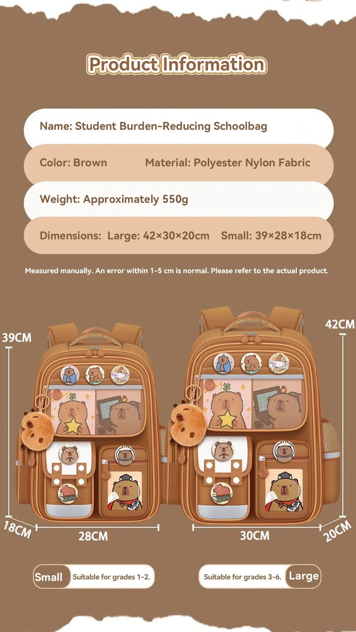 Capybara Waterproof School Backpack | Large Capacity, Ergonomic Straps for Students, Spine-Friendly Gift Bag