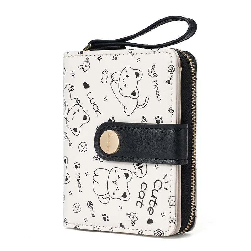 Japanese Cute Cat Wallet for Girls – Short Zipper Wallet, ID & Bank Card Holder, Coin Purse & Key Storage for Women