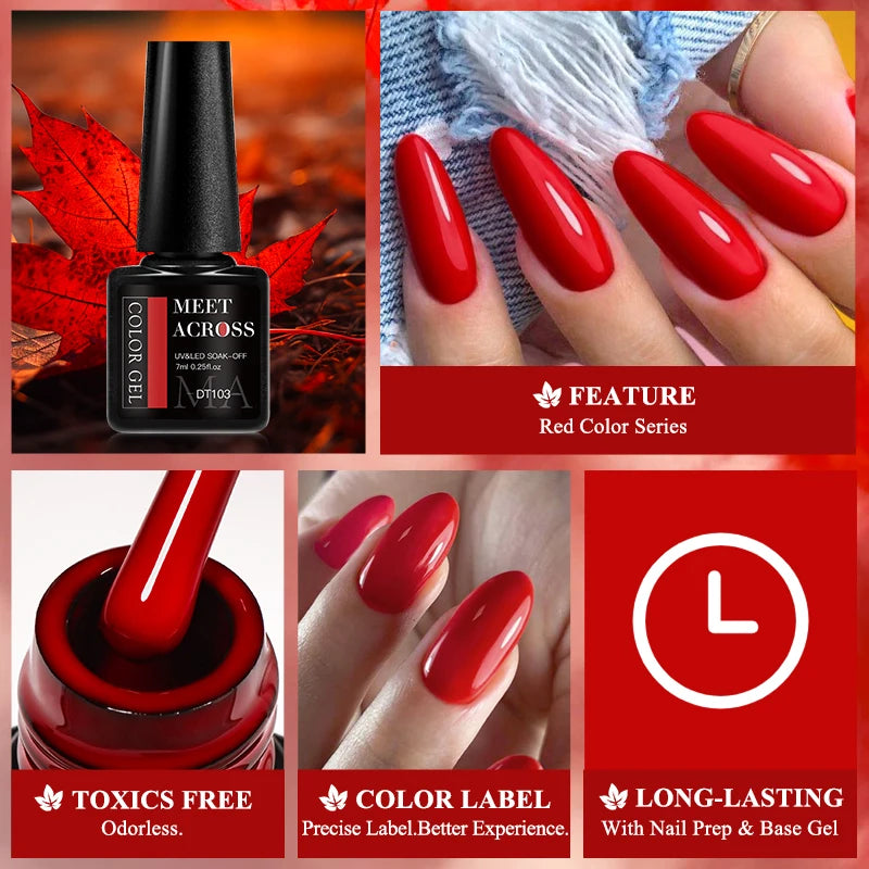 MEET ACROSS 7ml Red Gel Nail Polish – Crystal Semi-Permanent Soak-Off UV Gel, Matte Top Coat and Base Varnish for Nail Art Manicure