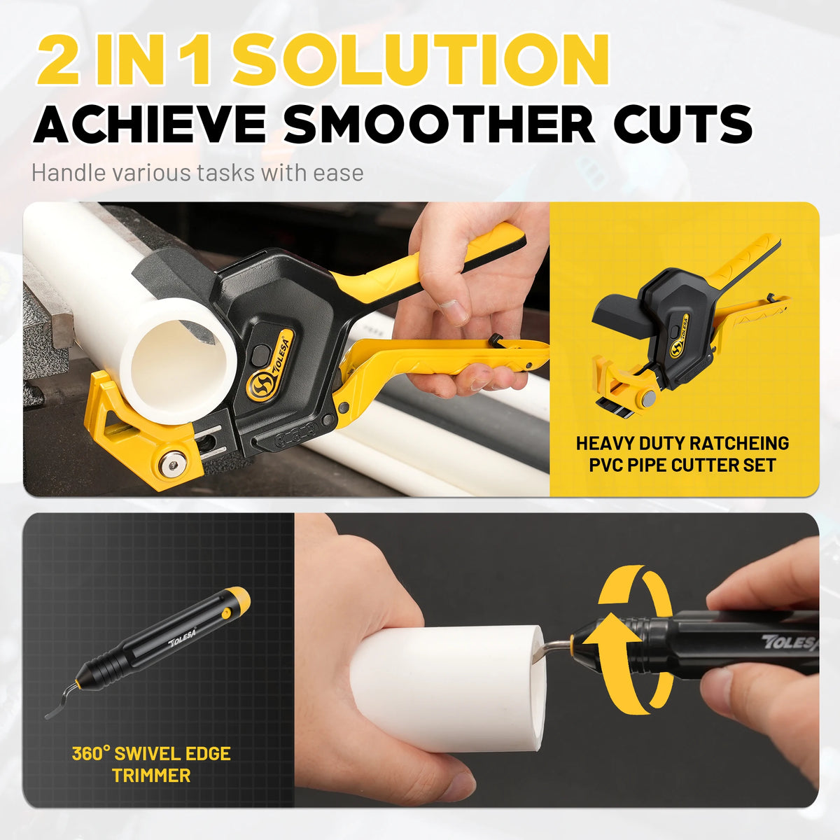 TOLESA 3-Gear Adjustable PVC Pipe Cutter - Ratchet Tool for PVC, PPR, PE & PEX up to 2-1/2"