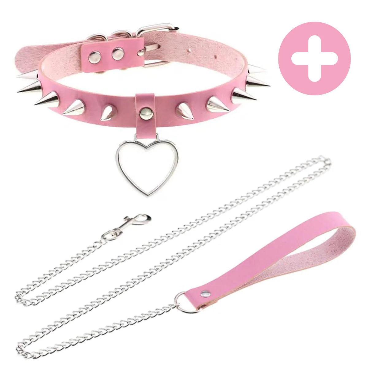 Pink Gothic Punk Collar Necklace - Cute Adjustable Couple Role-Play Choker with Matching Lanyard, Gift for Her