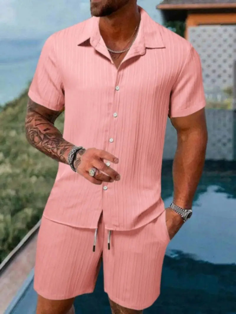 Men's Striped Jacquard Beach Shirt & Shorts Set — Spring Summer Casual Loose Fit, Europe & US Style