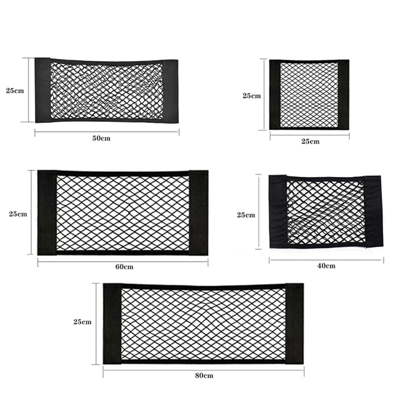 Car Seat Back Organizer - Universal Trunk Net Mesh Pocket with Elastic Storage & Magic Sticker