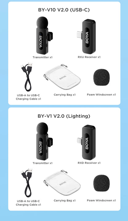 BOYA BY-V3 Wireless Lavalier Microphone – Lapel Mic for iPhone, iPad, Android, USB-C, Gaming, Video Recording & Streaming