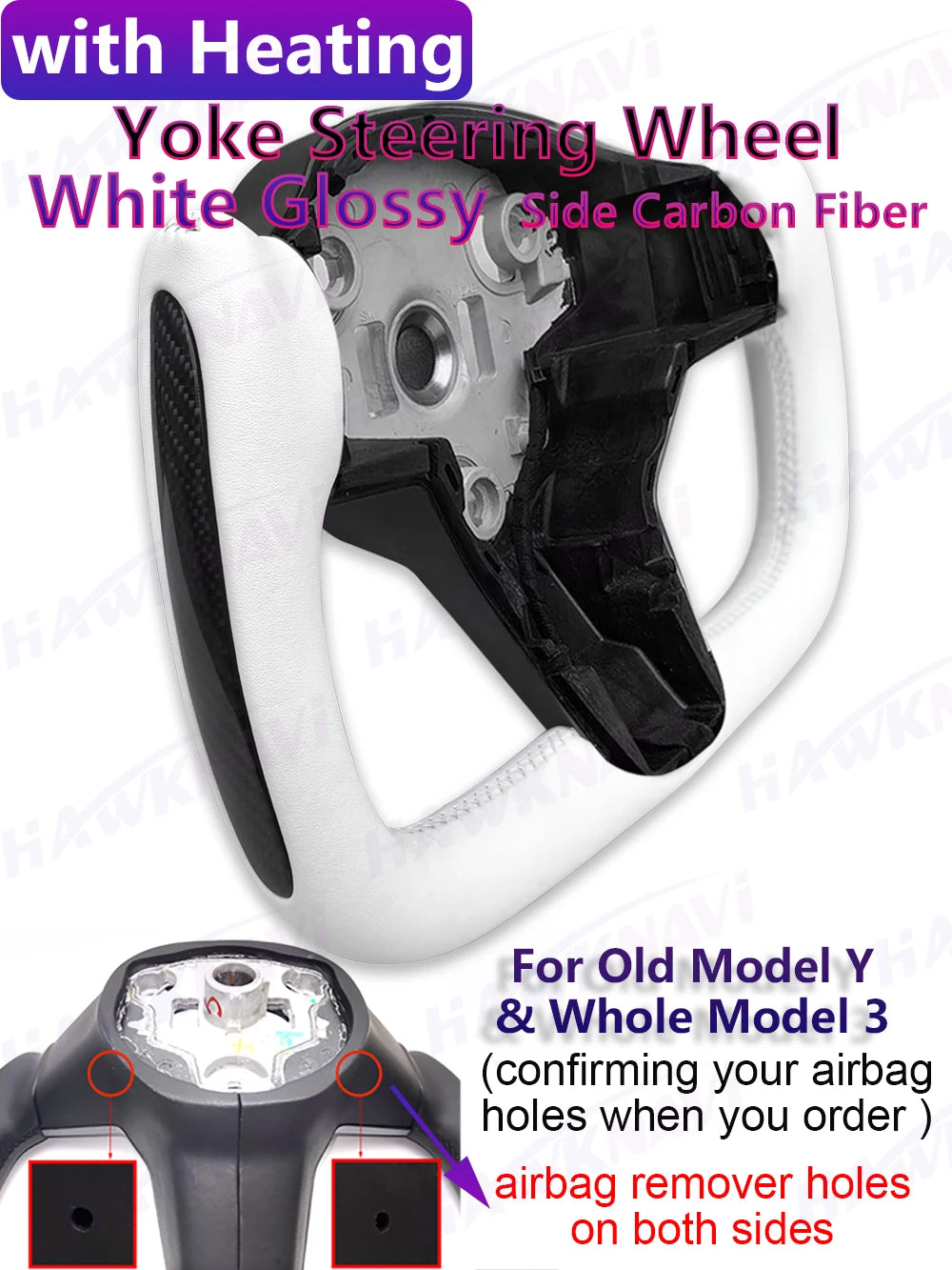 Hawknavi 350mm Yoke Steering Wheel – Leather Racing Style for Tesla Model 3 & Model Y, Heated Optional, White & Black