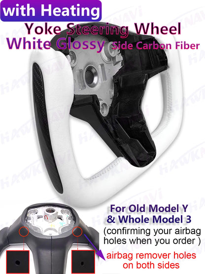 Hawknavi 350mm Yoke Steering Wheel – Leather Racing Style for Tesla Model 3 & Model Y, Heated Optional, White & Black