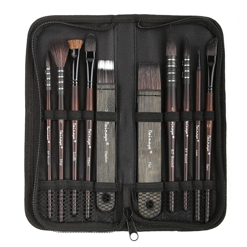 Dainayw 10-Piece Watercolor Brush Set – Organic Blue Squirrel & Horse Hair Mop Brushes for Acrylic, Watercolor, and Multi-Function Painting