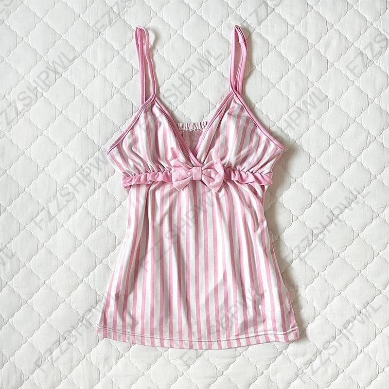 Y2K Harajuku Striped Bow Camisole Crop Top - Retro Kawaii Women's Streetwear