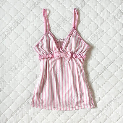 Y2K Harajuku Striped Bow Camisole Crop Top - Retro Kawaii Women's Streetwear