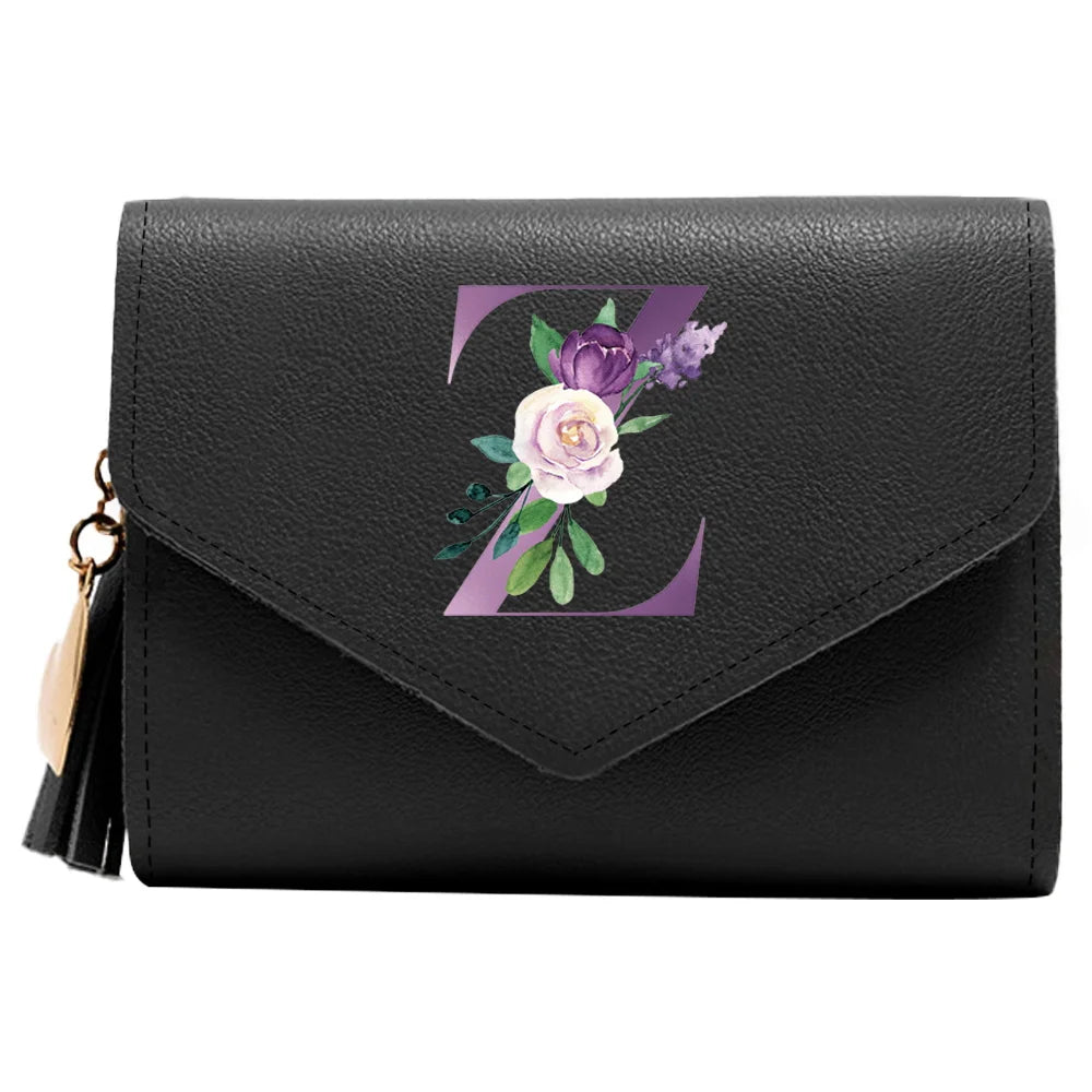 Women's RFID Leather Wallet - Compact Luxury Mini Purse With ID Window, Purple Letter Pattern & Card Holder Design