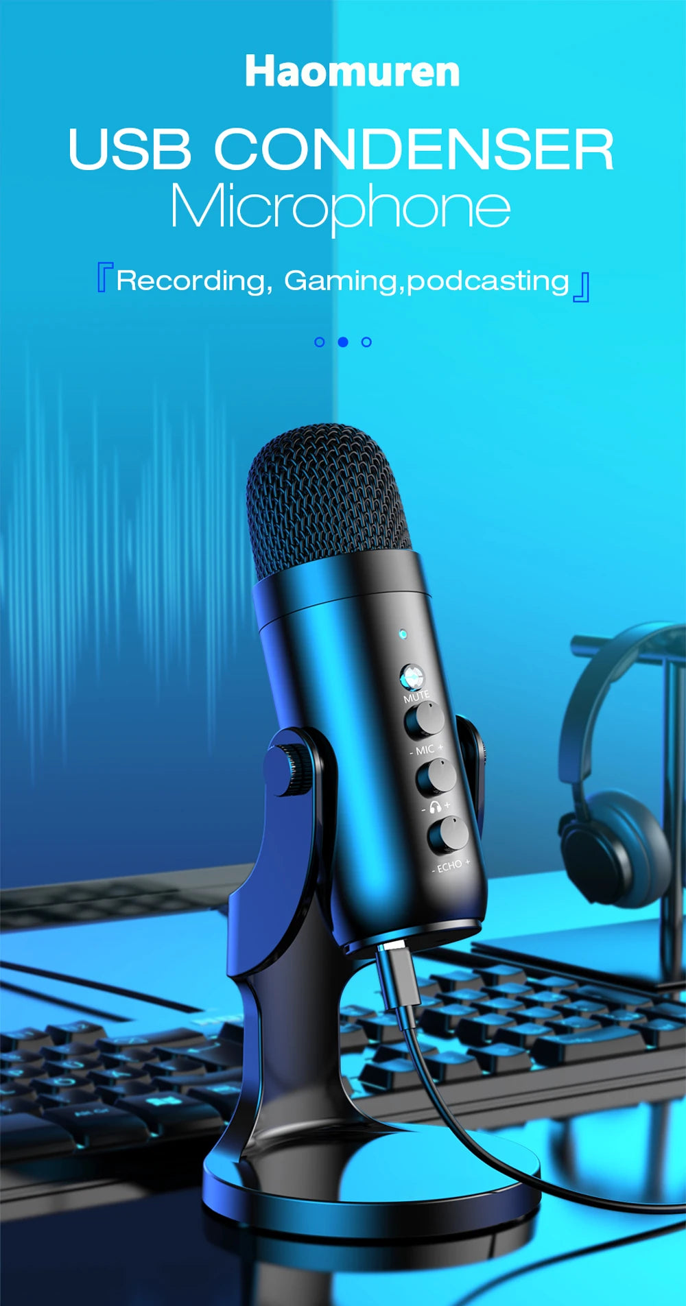 Haomuren USB Microphone for PC & Mac – Condenser Mic for Gaming, Streaming, Recording, with Phone Adapter & Headphone Output