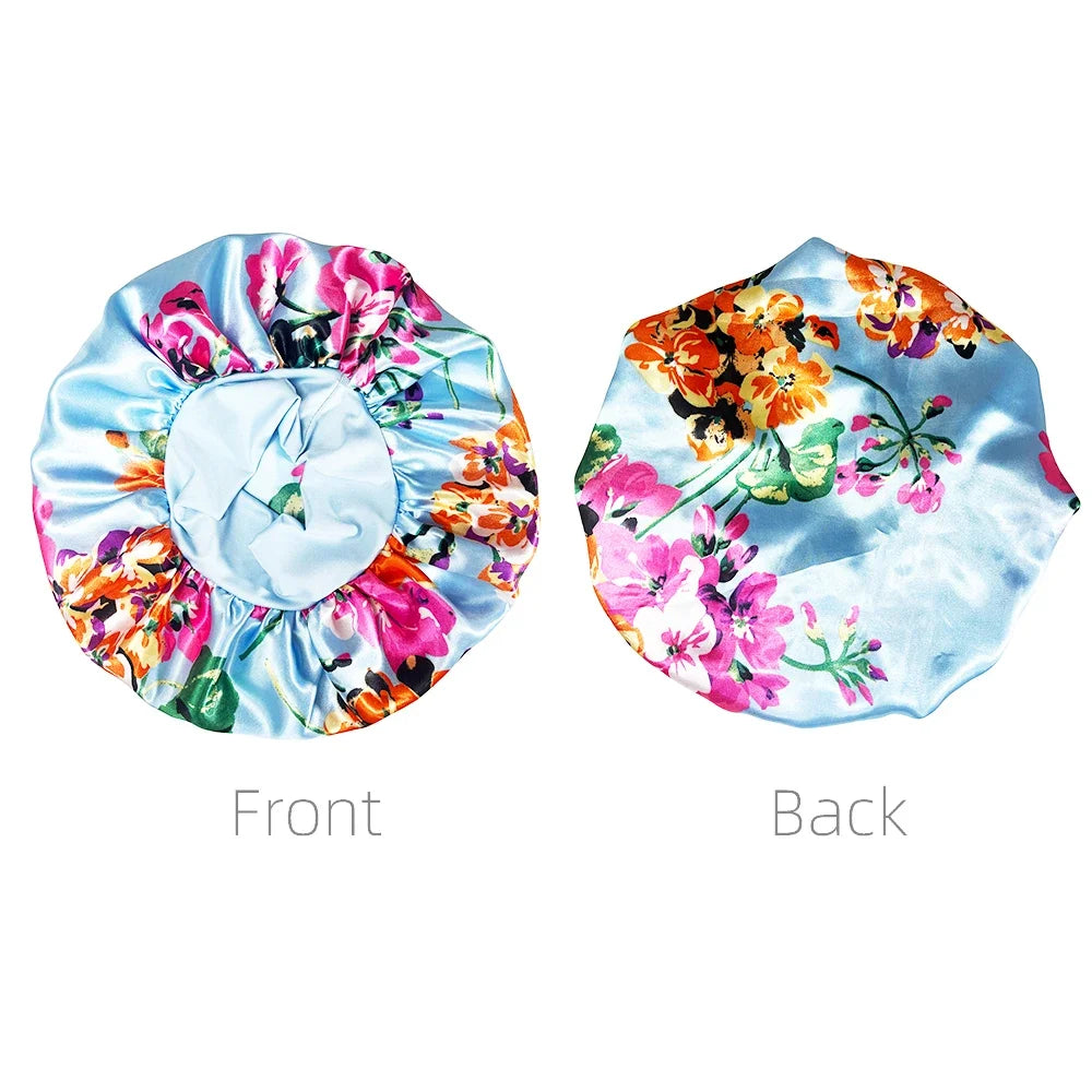 Large Satin Bonnet for Women - Flower Print Silk Sleep Cap with Elastic Band for Braids, Curly & High-Density Hair