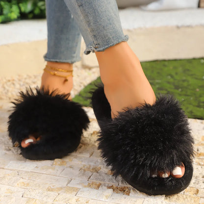 Women’s Cross Band Fur Slippers – Fluffy Open-Toe Plush Home Shoes with Soft Non-Slip Sole