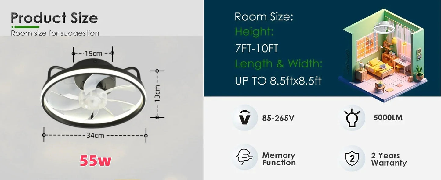 Modern LED Ceiling Fan Light with DC Motor - 6 Speed, Timer, Low Floor Attic Fan, Remote Control Decorative Light