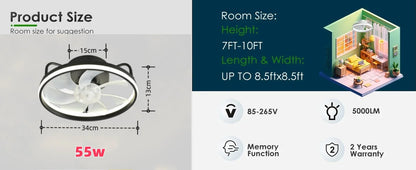 Modern LED Ceiling Fan Light with DC Motor - 6 Speed, Timer, Low Floor Attic Fan, Remote Control Decorative Light