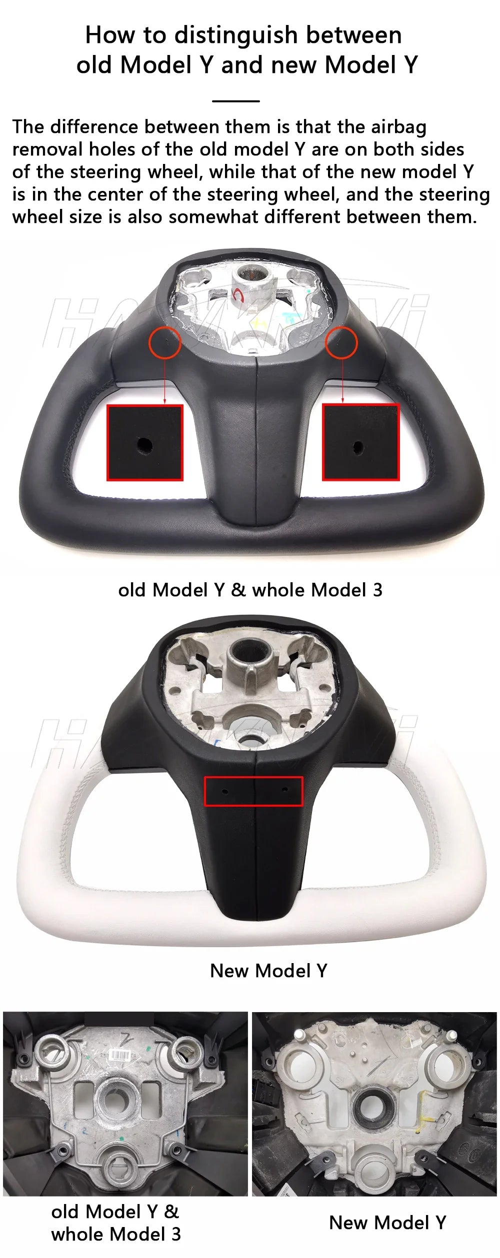 Hawknavi 350mm Yoke Steering Wheel – Leather Racing Style for Tesla Model 3 & Model Y, Heated Optional, White & Black