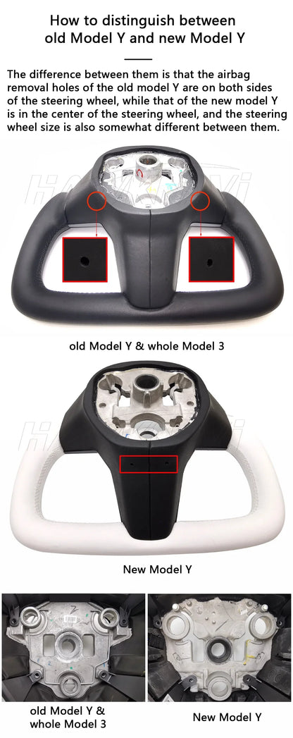 Hawknavi 350mm Yoke Steering Wheel – Leather Racing Style for Tesla Model 3 & Model Y, Heated Optional, White & Black
