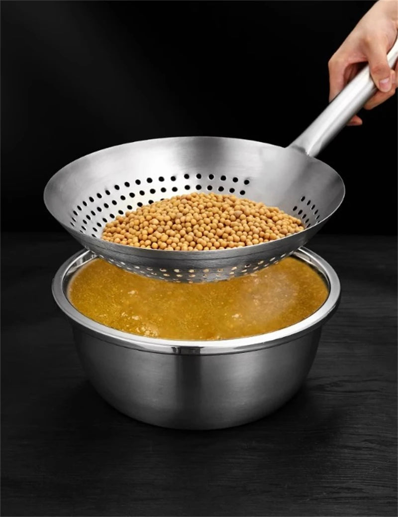 Thickened 304 Stainless Steel Colander with Long Handle – Large Kitchen Sieve for Oil, Flour, Noodles & Dumplings