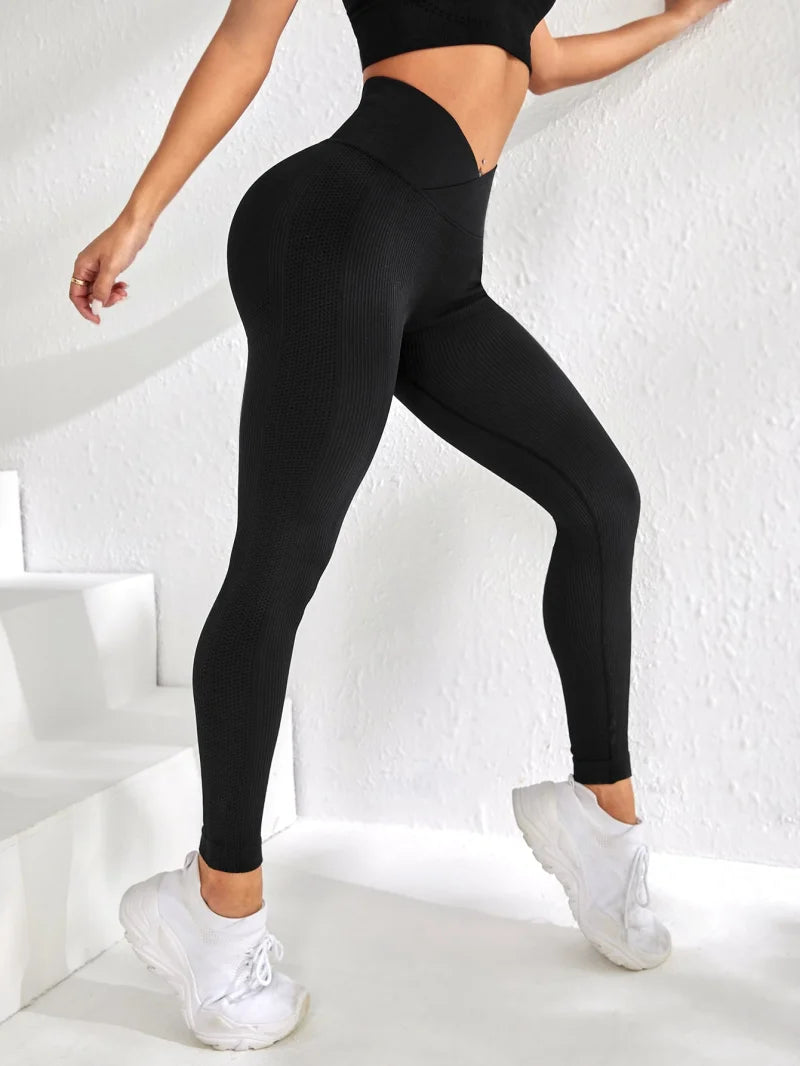 Women’s Sports Leggings – V-Waist Elastic Peach Buttocks Fitness Pants with Raised Hips, High Waist Seamless Yoga Pants