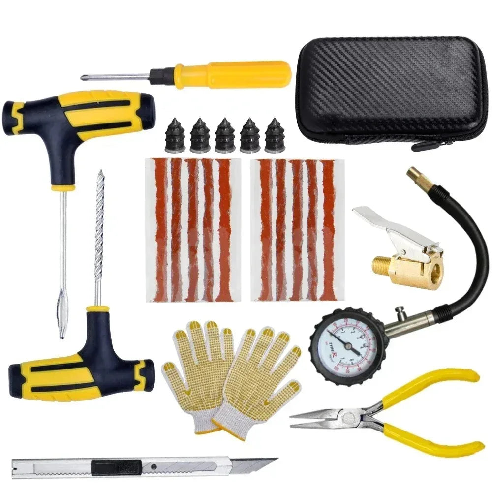 Motorcycle and Car Tire Repair Kit – Puncture Plug Tools, Tire Strips, and Emergency Flat Tire Repair Accessories