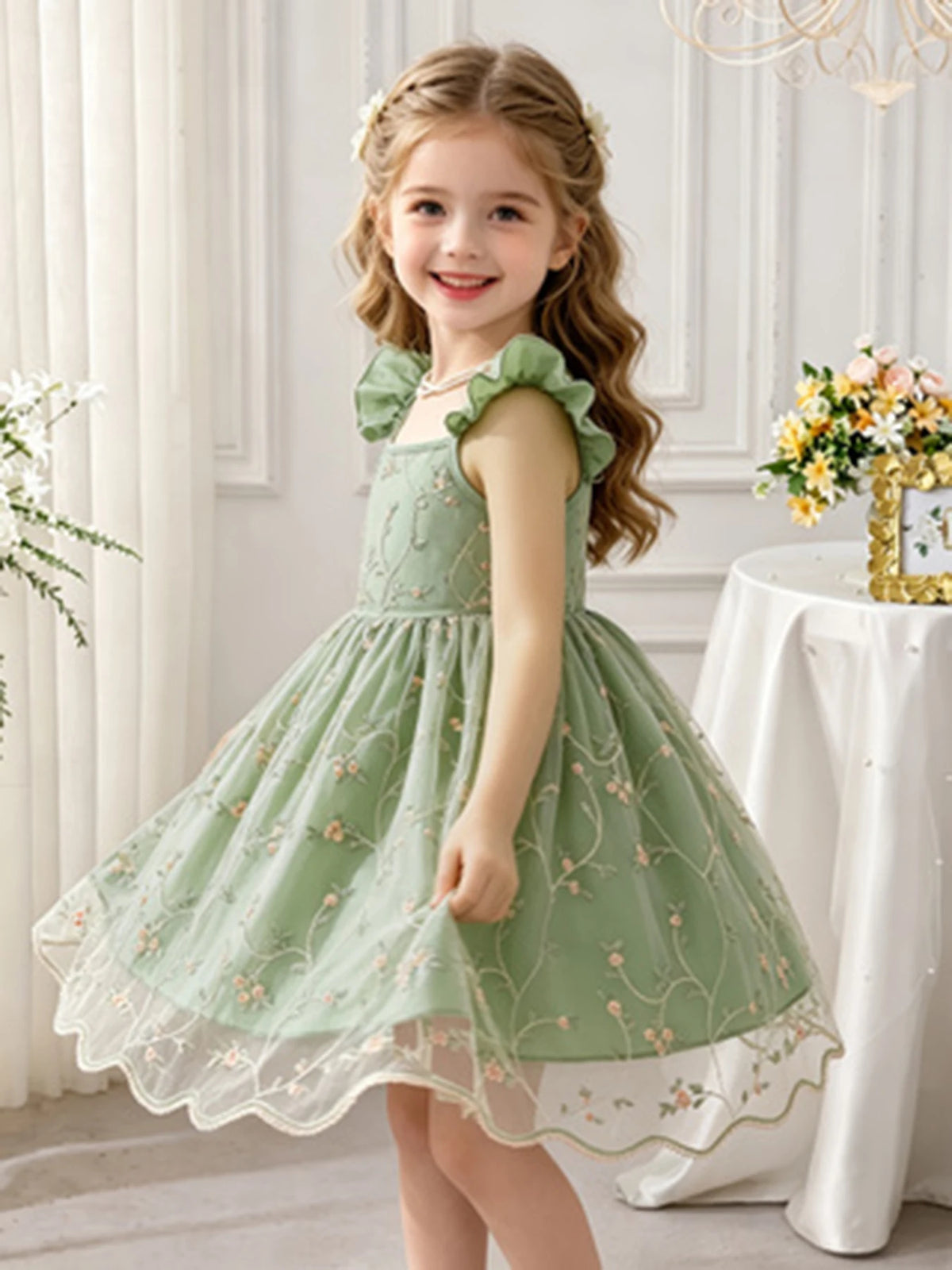 Girls’ Green Floral Tulle Princess Dress - Flutter Sleeve Puffy Skirt Summer Party Dress