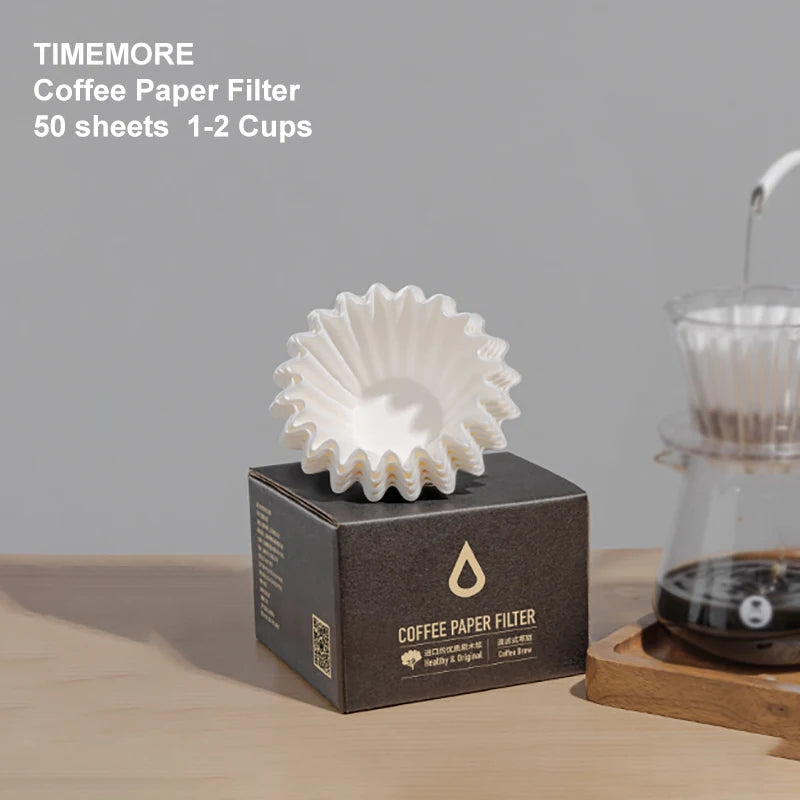 TIMEMORE 1–2 Cup Pour Over Coffee Filters – 50pcs Basket Paper Filter Sheets for B75 Dripper, Premium Coffee Brewing Accessories