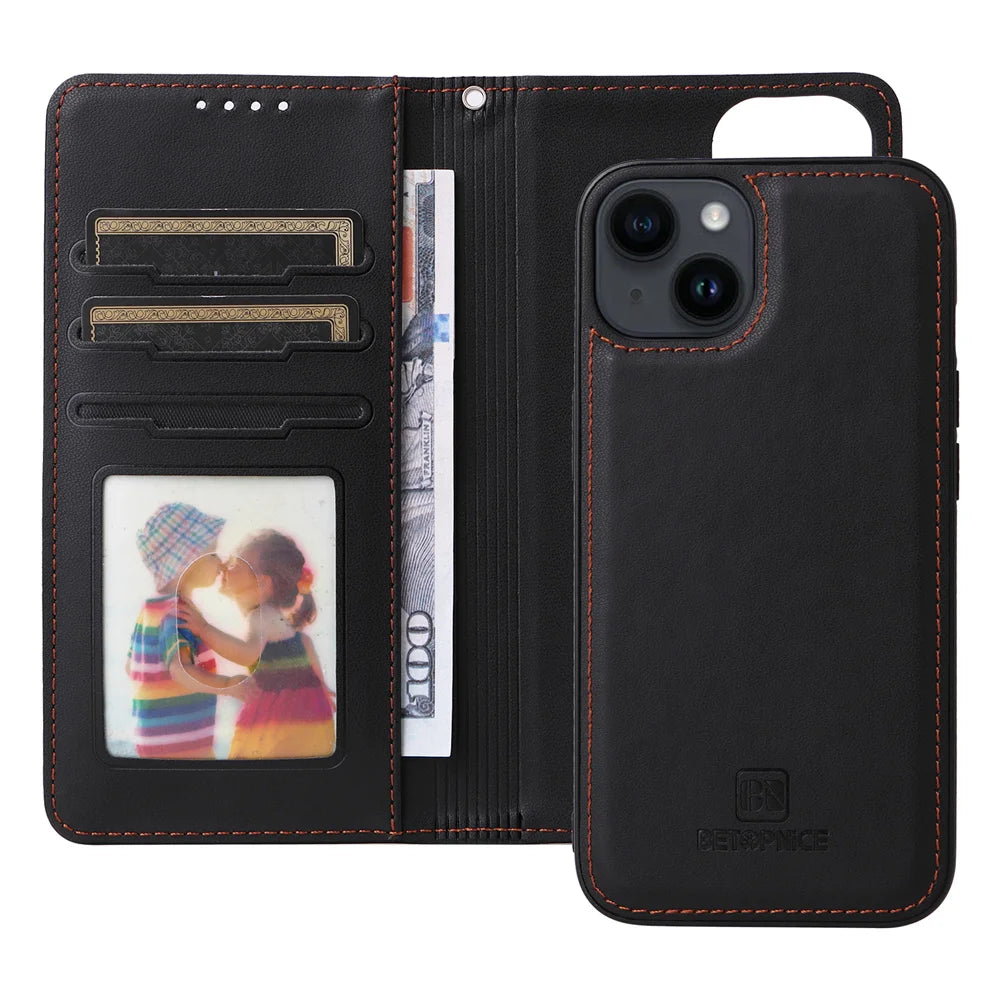 BETOPNICE 2-in-1 Detachable Wallet Case for iPhone 16/15/14/13/12/11/XR/XS Series – Magnetic Clasp Flip Cover with Removable Phone Case