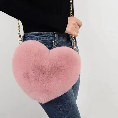 Heart-Shaped Fluffy Shoulder Bag – Fashion Chain Crossbody Plush Handbag & Cute Zipper Purse for Valentine's Day