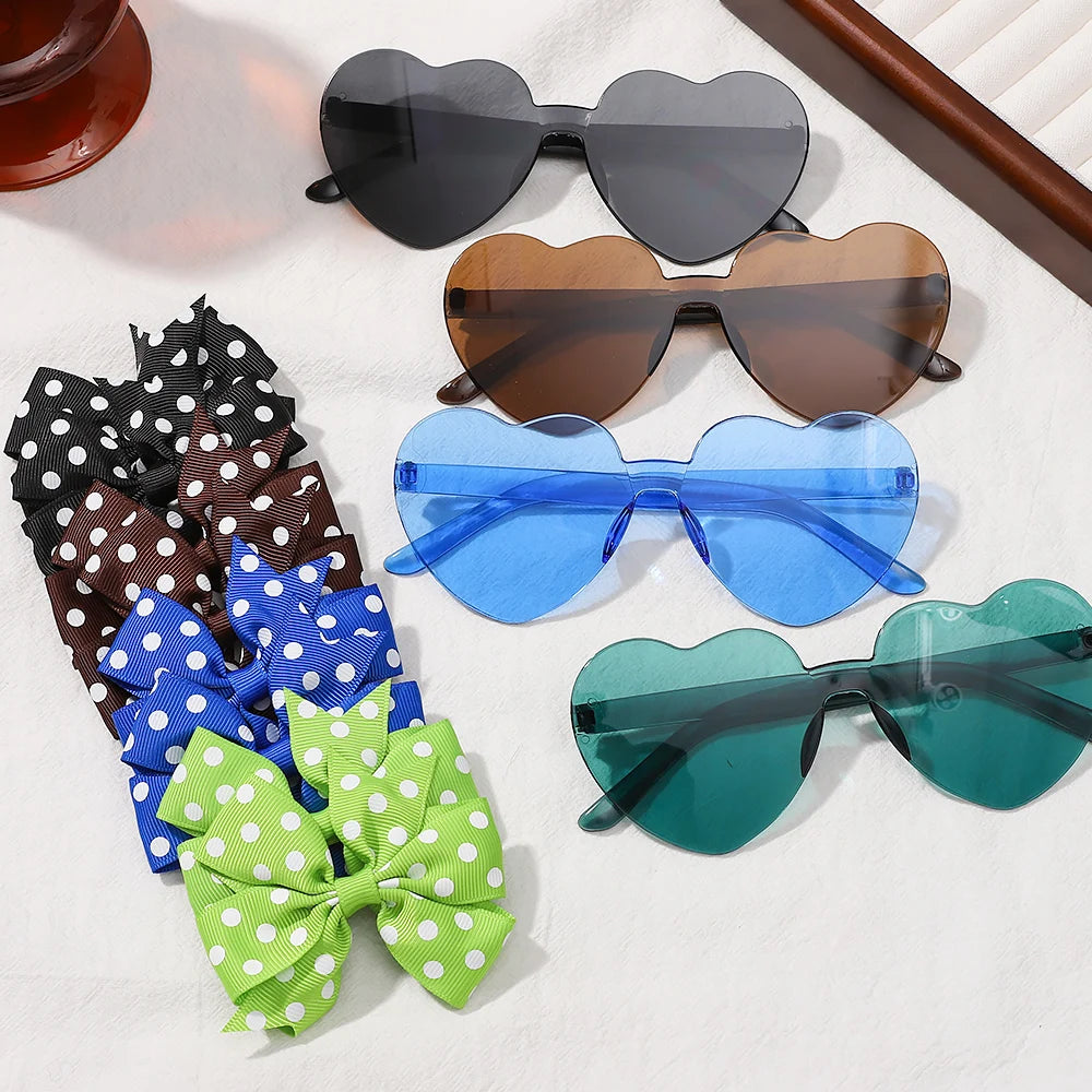 3Pcs/Pack Solid Dot Hair Bows – Colorful Boutique Bowknot Clips for Girls, Heart & Sunglasses Hair Accessories