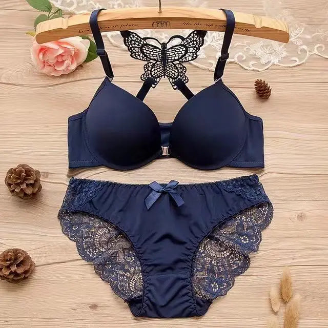 Women Butterfly Front Buckle Bra & Brief Set – Detachable Double Strap Sexy Sheer Lingerie Romantic Underwear Set
