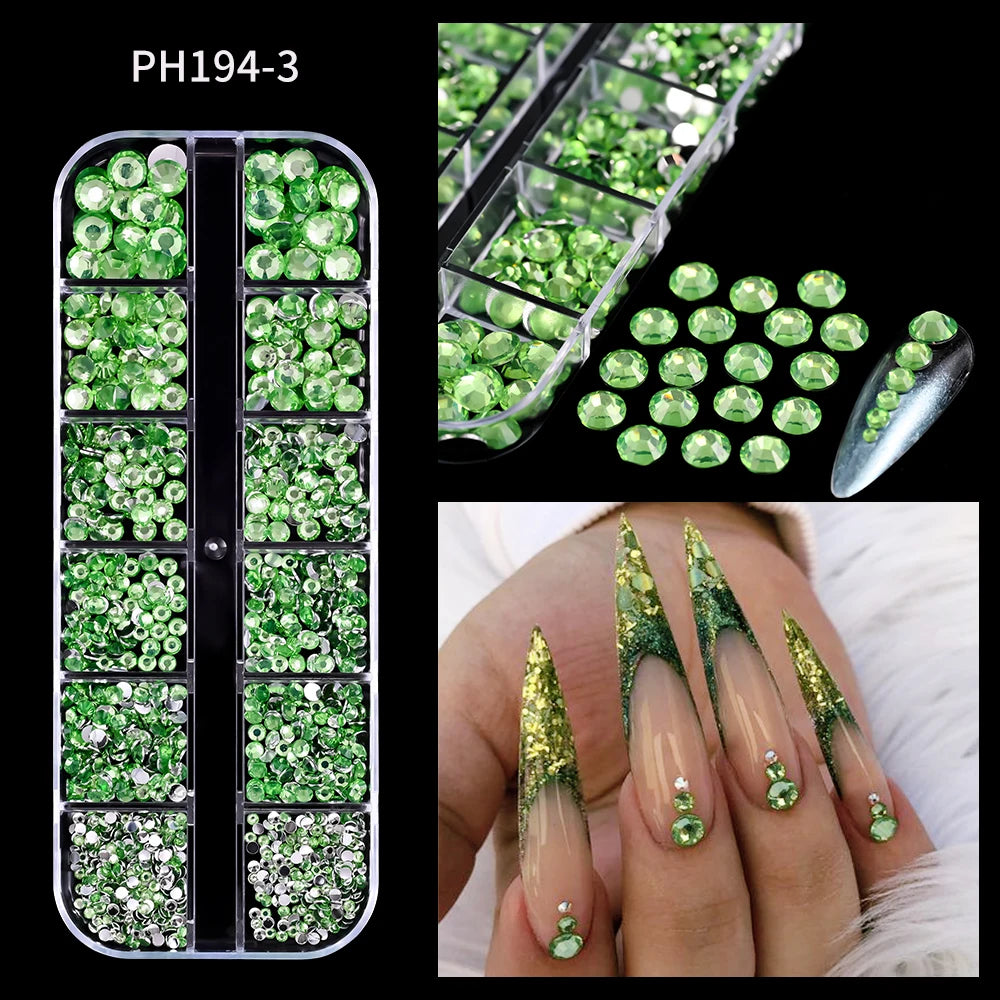 12-Grid Mixed Nail Rhinestones SS6-SS30 – Shiny Flat-Back Gems in Clear, Gold, Pink & Blue for Nail Art Decoration