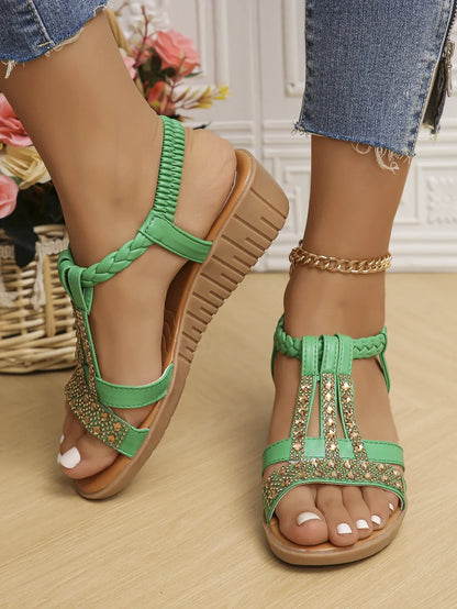 Women’s Bohemian Wedge Sandals - Rhinestone Platform Peep Toe Summer Beach Shoes Casual Outdoor Footwear