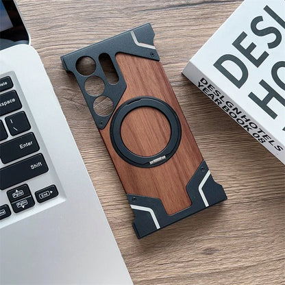 Aluminum & Wooden Magnetic Phone Case – 360° Shockproof Magsafe Cover for Samsung Galaxy S22-S25 Ultra