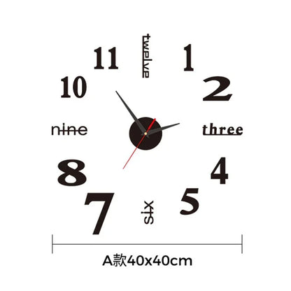 Large 3D DIY Silent Wall Clock — Simple Modern Punch-Free Wall Sticker in Black, Gold, or Silver