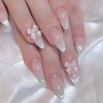 24PCS Pink Almond Press On Nails - Butterfly Ballet French Design Artificial Nail Tips for Stylish Nail Art
