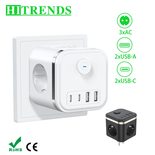 3680W Multi Plug EU Power Strip Cube – 3 AC Outlets, 2 USB & 2 Type-C Fast Chargers for Home & Office