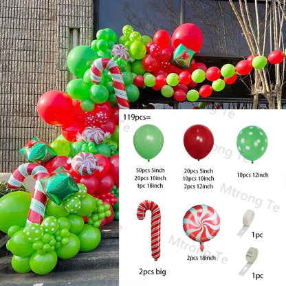 Christmas Balloon Garland Arch – Red & Green Balloons, Star, Santa, and Gift Box Foil Balloons for Xmas and New Year Decoration