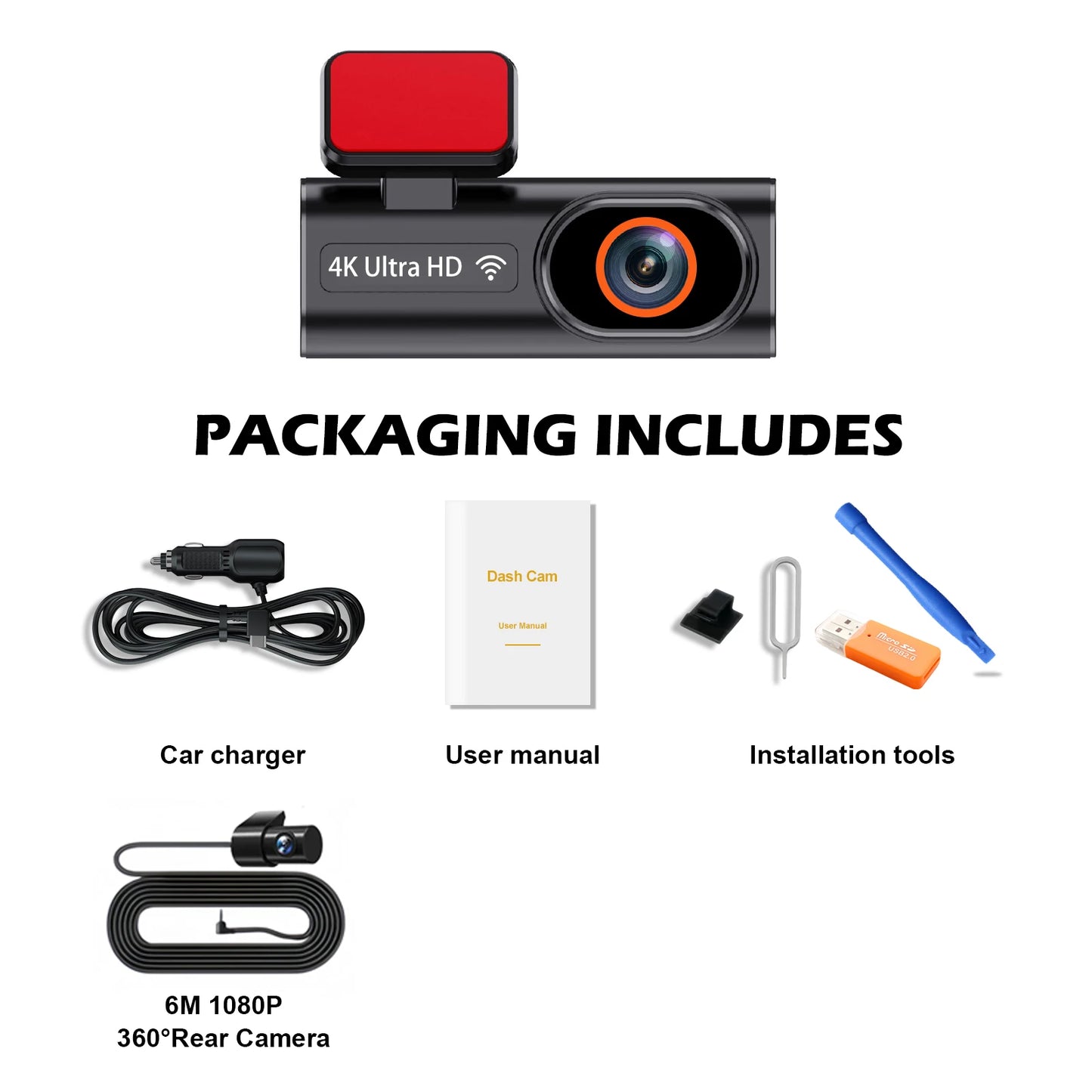 Aprilboy K6 4K WIFI Dash Cam - Front & Rear Dual Lens, 1080P Night Vision, Parking Monitor, Mini Car DVR