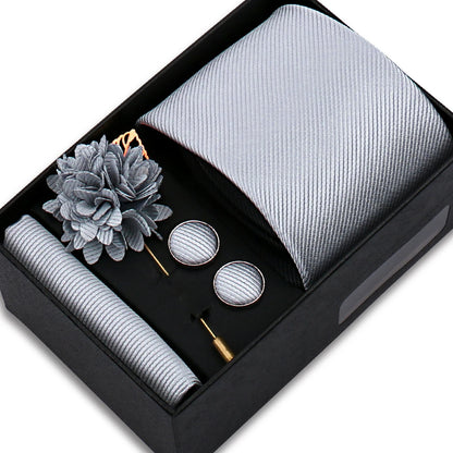 Men's Solid Color Tie Set - Jacquard Necktie, Hanky, Cufflinks & Brooch Gift Box for Weddings