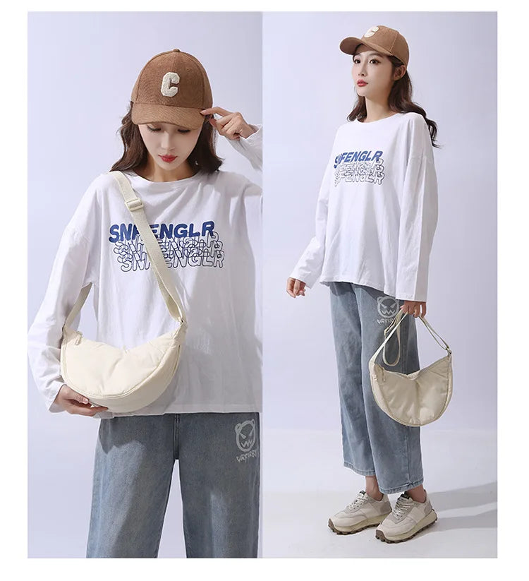 Solid Color Women's Portable Shoulder Bag – Simple Nylon Cloth Padded Crossbody Travel Purse & Messenger Bag